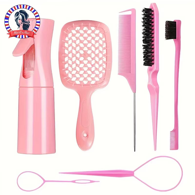 Hair Styling Kit for All Hair Types - 7Pcs Set with Detangler Brush Bristle & Double-Sided Edge Brushes Scalp Massager Salon