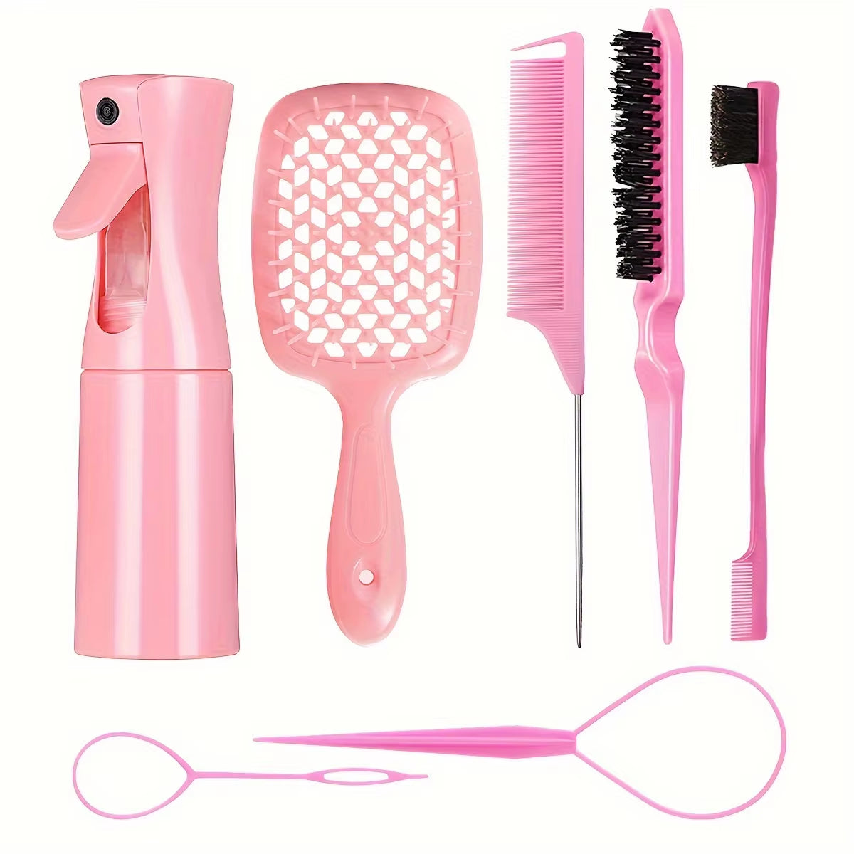 Hair Styling Kit for All Hair Types - 7Pcs Set with Detangler Brush Bristle & Double-Sided Edge Brushes Scalp Massager Salon