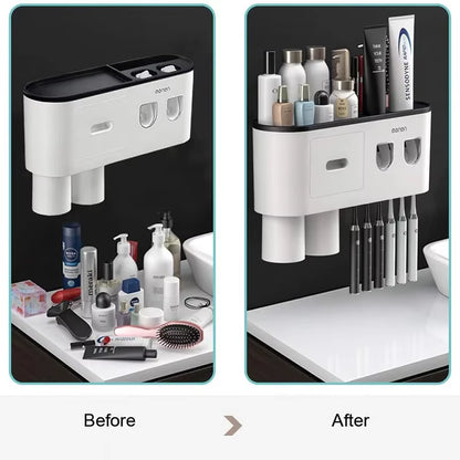 Magnetic Adsorption Inverted Toothbrush Holder Wall-Mounted Double Automatic Toothpaste Dispenser Rack Bathroom Accessories