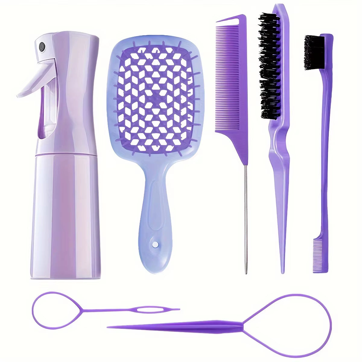 Hair Styling Kit for All Hair Types - 7Pcs Set with Detangler Brush Bristle & Double-Sided Edge Brushes Scalp Massager Salon