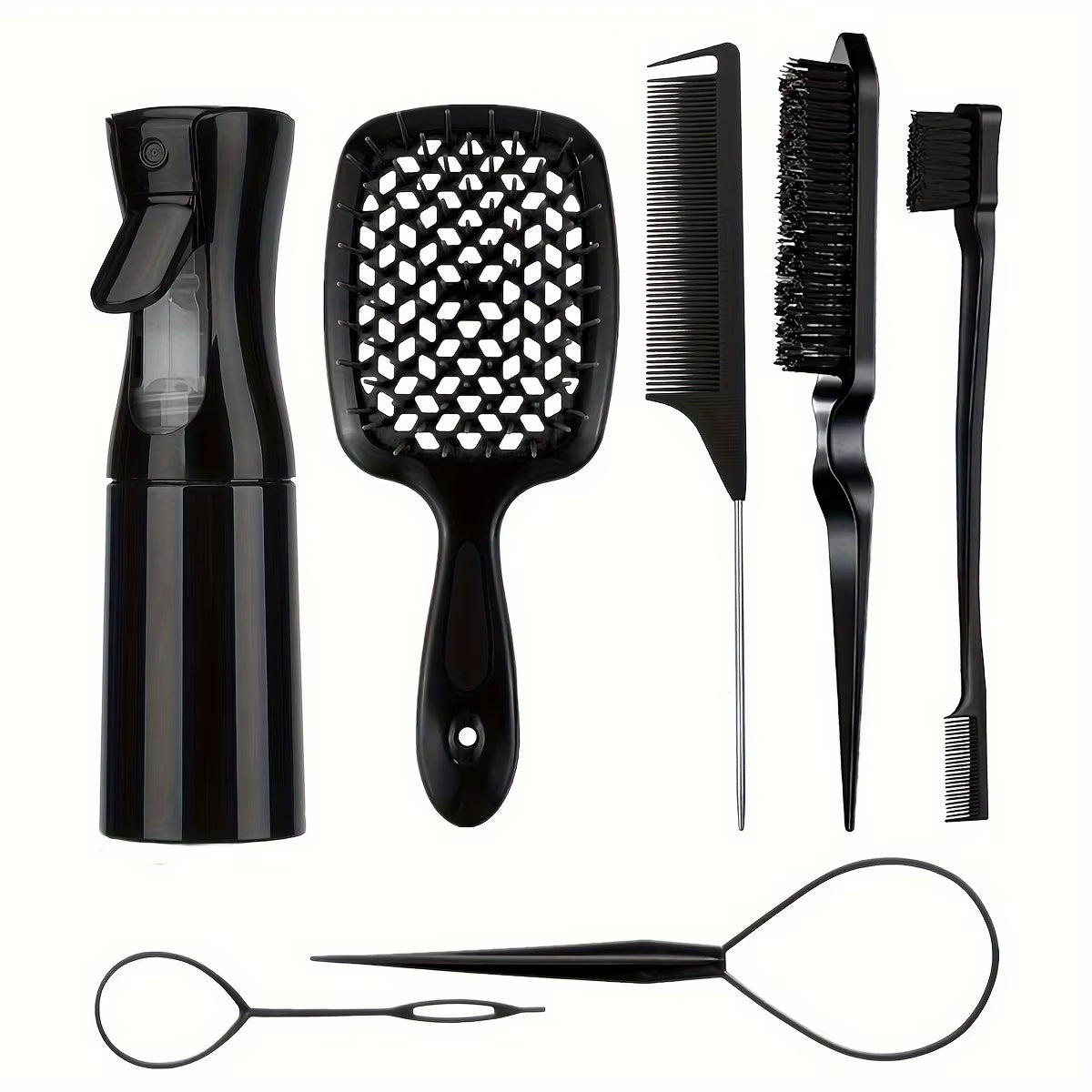 Hair Styling Kit for All Hair Types - 7Pcs Set with Detangler Brush Bristle & Double-Sided Edge Brushes Scalp Massager Salon