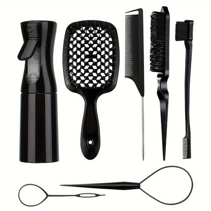 Hair Styling Kit for All Hair Types - 7Pcs Set with Detangler Brush Bristle & Double-Sided Edge Brushes Scalp Massager Salon