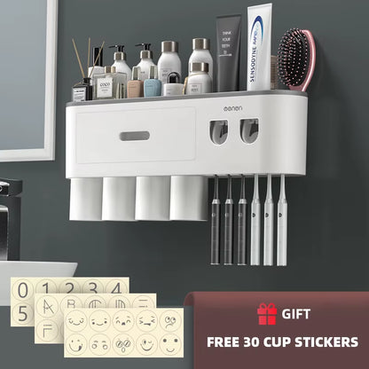 Magnetic Adsorption Inverted Toothbrush Holder Wall-Mounted Double Automatic Toothpaste Dispenser Rack Bathroom Accessories