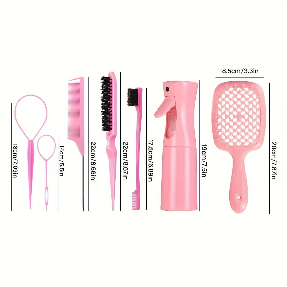 Hair Styling Kit for All Hair Types - 7Pcs Set with Detangler Brush Bristle & Double-Sided Edge Brushes Scalp Massager Salon